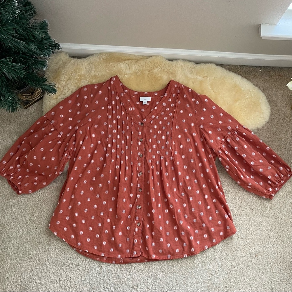 J. Jill 3/4 balloon sleeves embroidered cotton v-neck button down blouse size XL